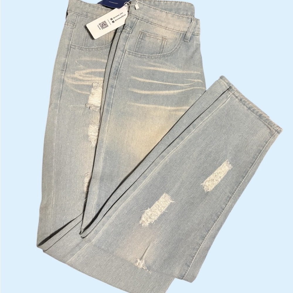 ROMWE Light Blue Slim Straight Distressed Jeans.  ( 2 Jeans for $15)